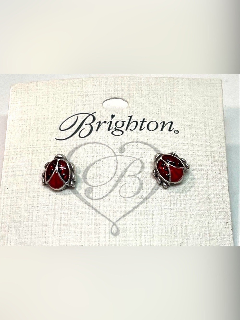 NWT BRIGHTON Silver Tone Red/Black Enamel Lucky Lady Bug Post Stud Earrings